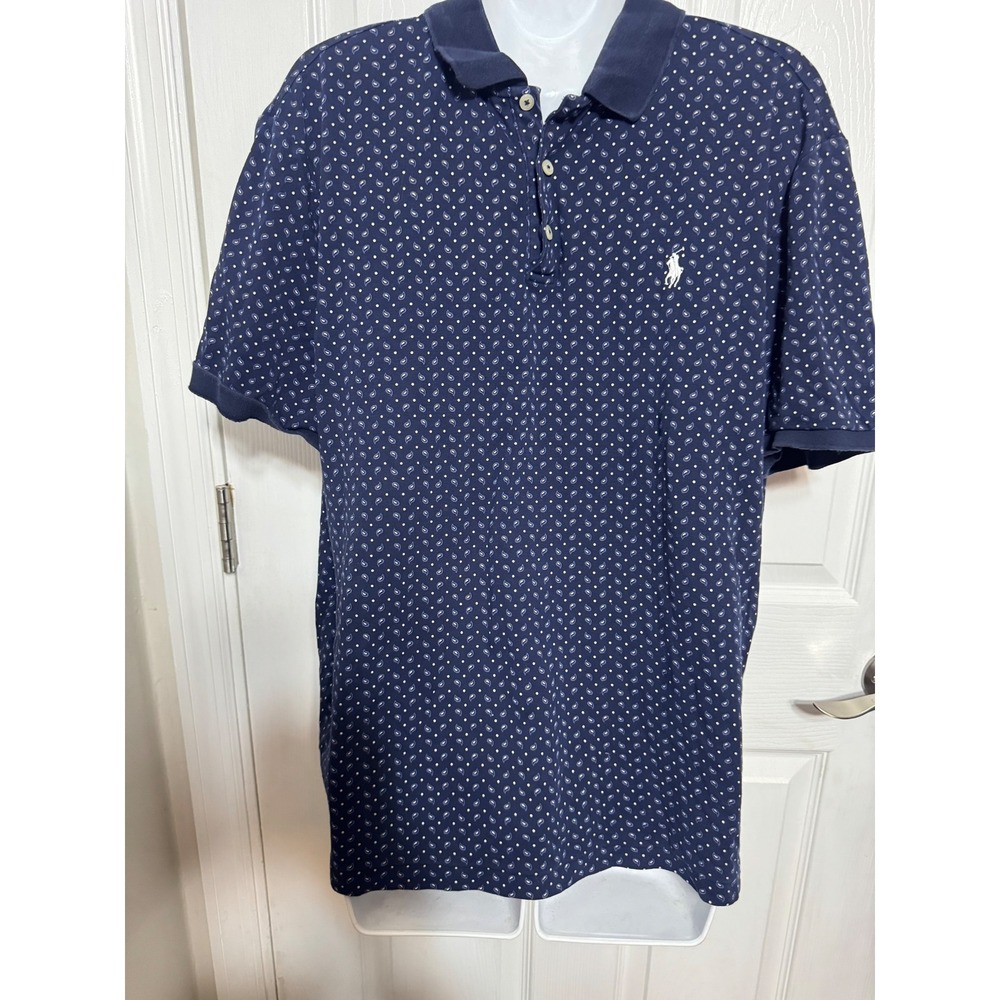 Polo Ralph Lauren Mens Classic Fit Paisley Polka Dot Polo Shirt Navy Blue Large